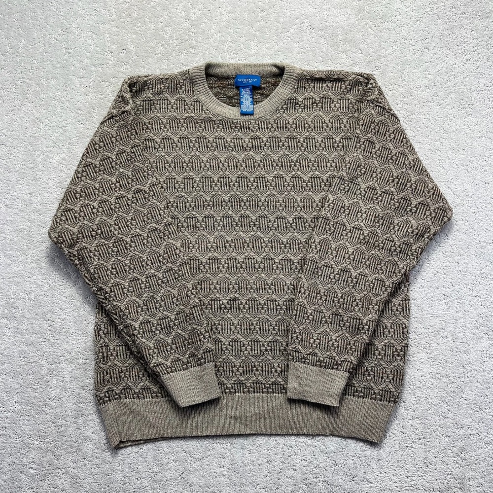 VINTAGE Towncraft Sweater Mens XL Brown Tan Geometric Textured Knit Acrylic 90s